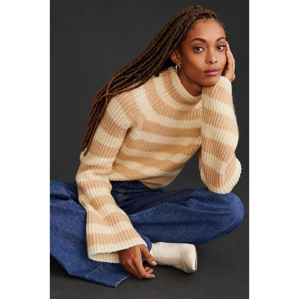 Anthropologie Cream and Tan Striped Turtleneck Sweater